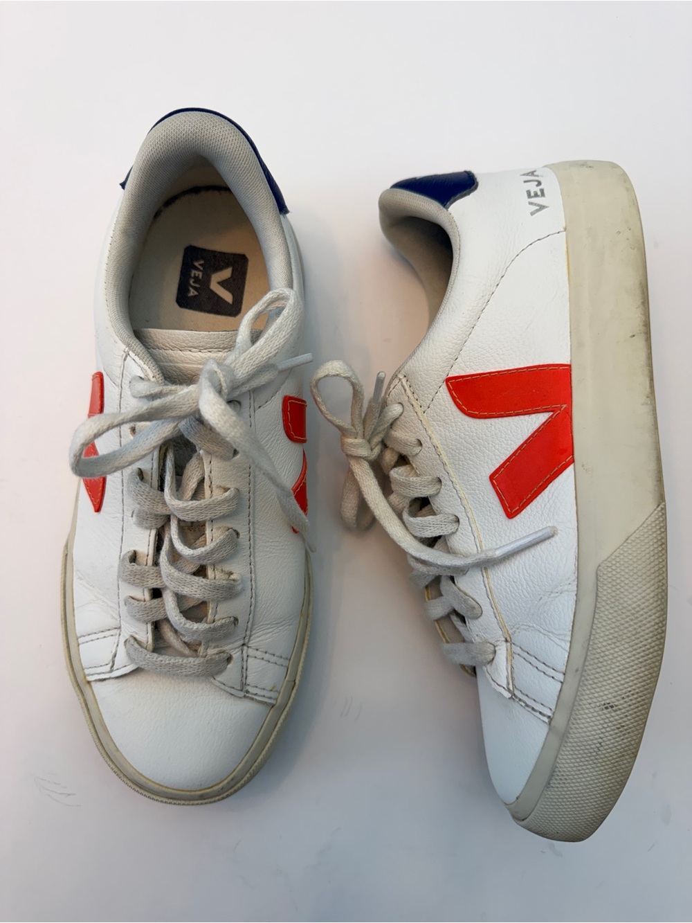 Veja Campo leather sneakers in White Orange Fluo Cobalt, Size 7